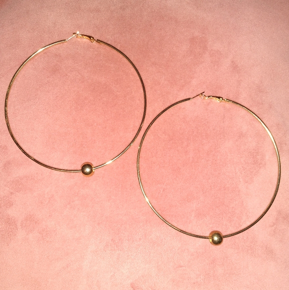 Huge 4 Inch Hoops Oversized Gold Hoop Earrings Bead Accent Bohemian Statement - Picture 4 of 7